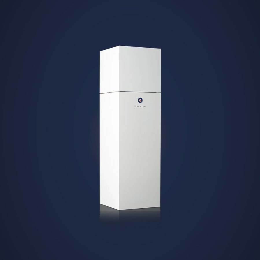 The Qvantum QE exhaust air heat pump, a tall white cabinet
