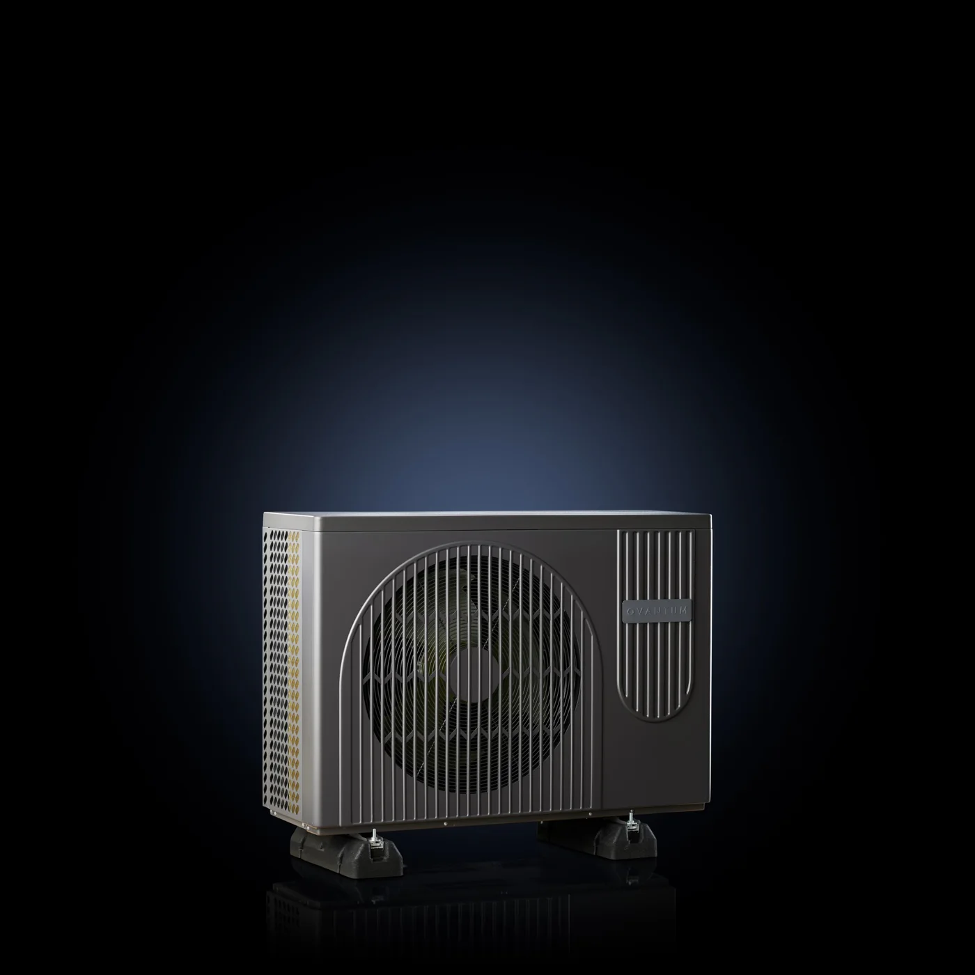 The Qvantum QA outdoor unit at an angle, with its perforated side panel and arched fan grille, against black