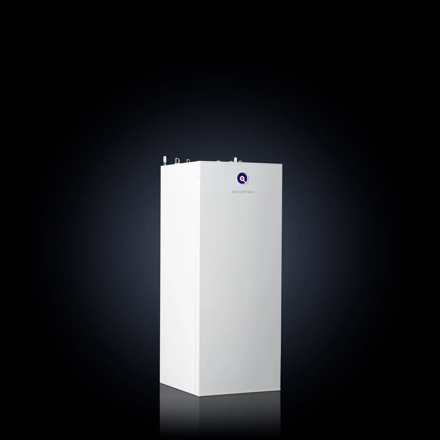 The white Qvantum QH-175 indoor module at an angle, with its connections on the lid, against black