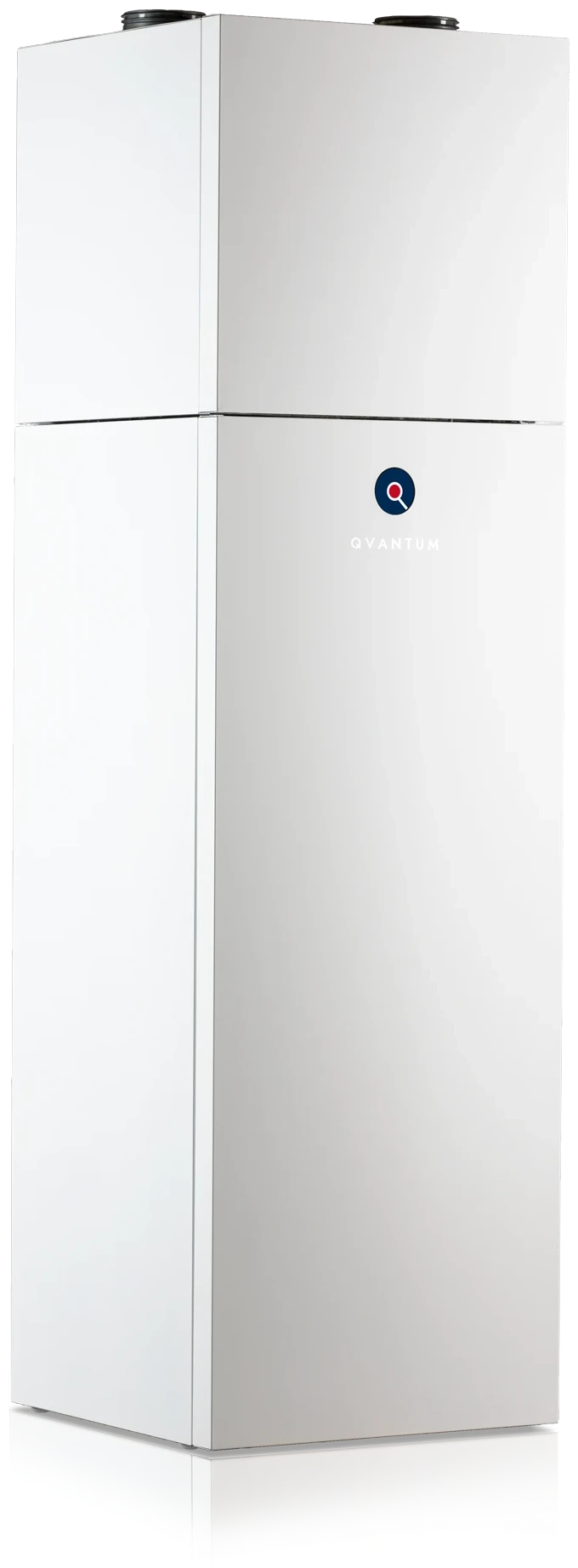 The Qvantum QE exhaust air heat pump, a tall white cabinet, against black