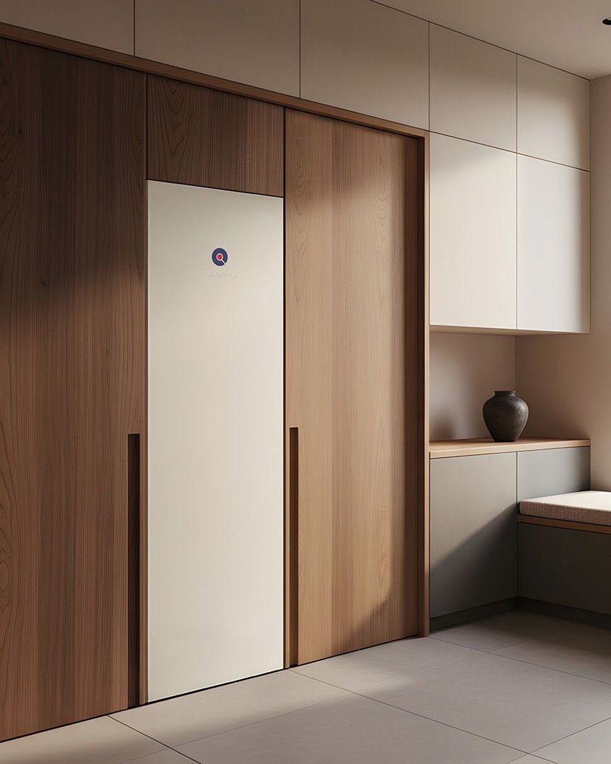 Qvantum QG in a laundry room with wood panelling and a window