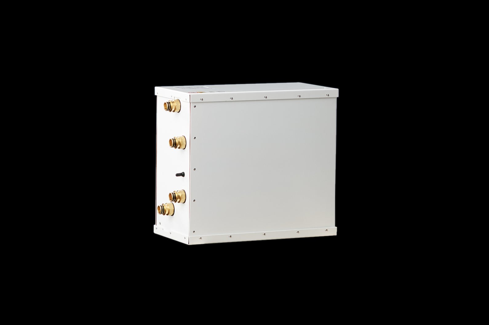 A QG-7-M compressor module, a compact white box with four brass pipe connections on its side