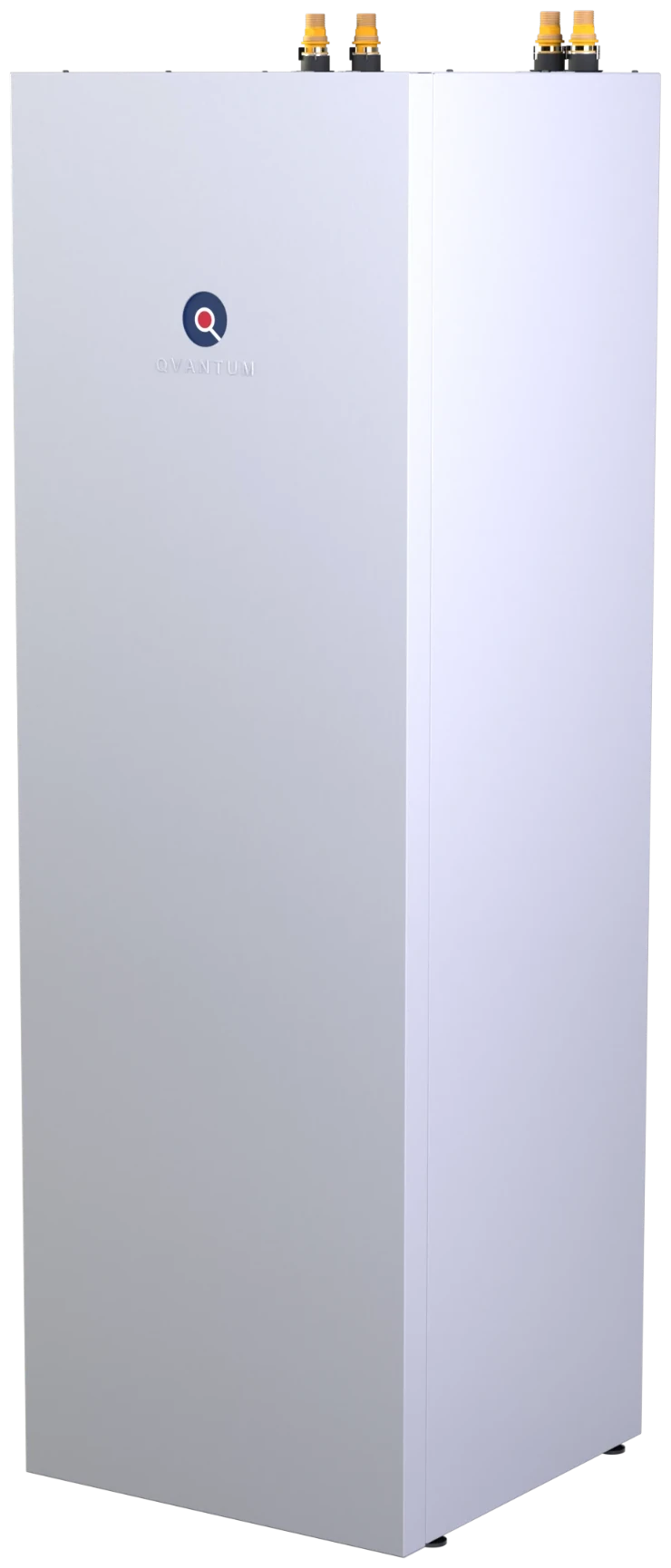 Qvantum QG ground source heat pump, a white cabinet with four pipe connections on top, against black